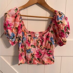 Le Lis Pink Multicolor Floral Puff Sleeve Blouse Bustier Crop Top Women’s Small